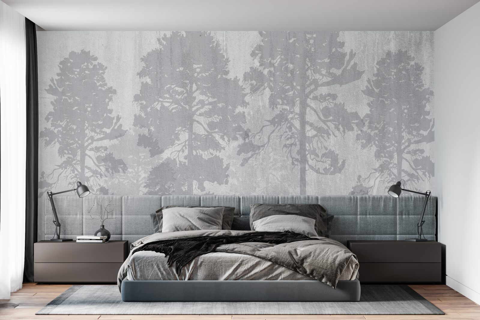 Fototapeta mgliste kontury drzew leśnych na skraju wyglądają smukło