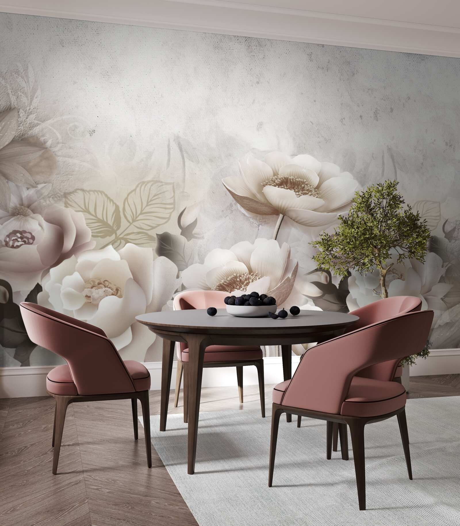 Fototapeta mglista łąka usiana białymi kwiatami