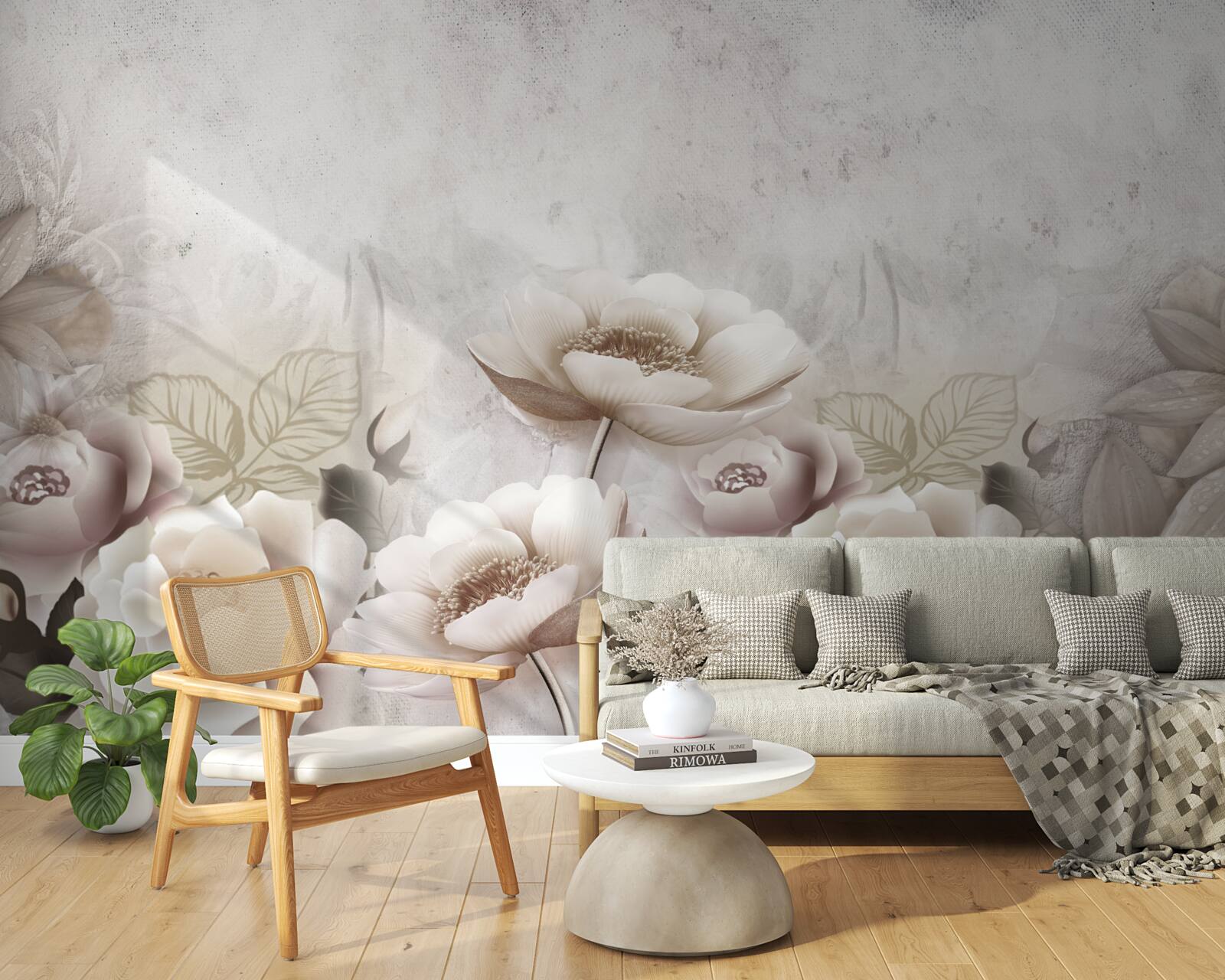 Fototapeta mglista łąka usiana białymi kwiatami