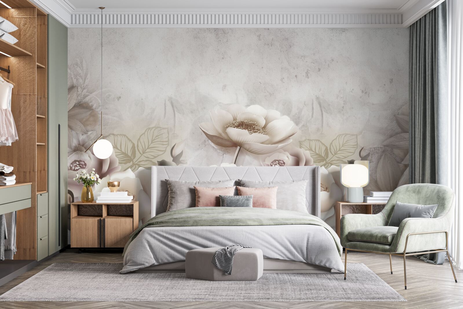 Fototapeta mglista łąka usiana białymi kwiatami