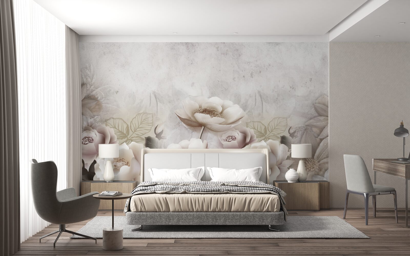 Fototapeta mglista łąka usiana białymi kwiatami