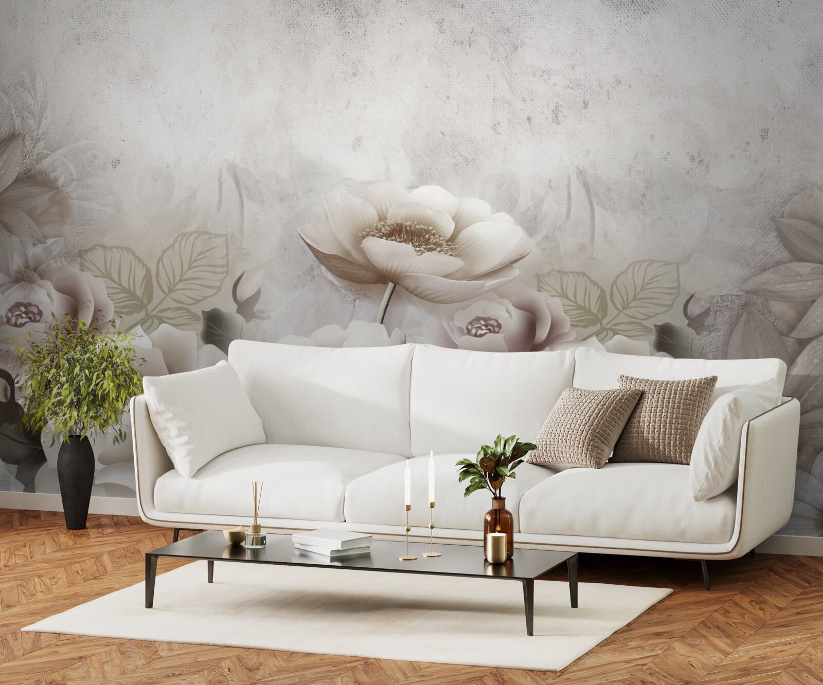 Fototapeta mglista łąka usiana białymi kwiatami