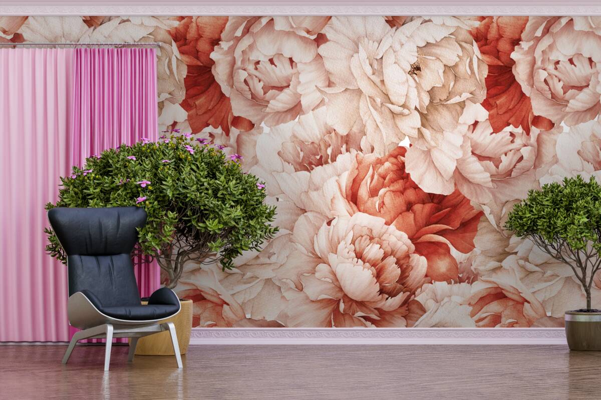 Fototapeta kompozycja delikatnych białych i czerwonych piwonii