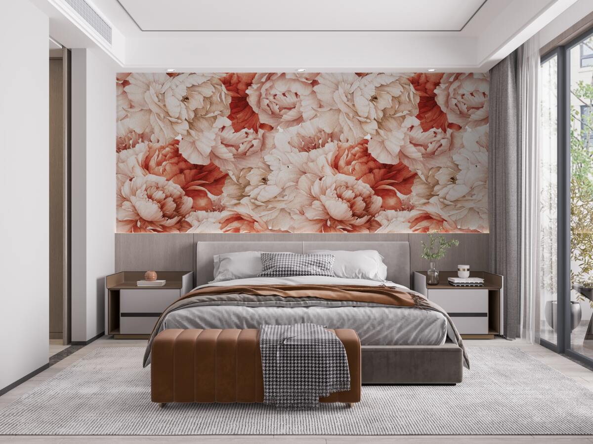 Fototapeta kompozycja delikatnych białych i czerwonych piwonii