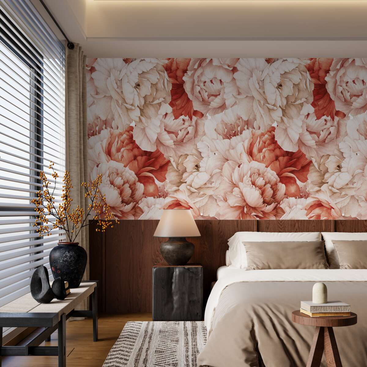 Fototapeta kompozycja delikatnych białych i czerwonych piwonii