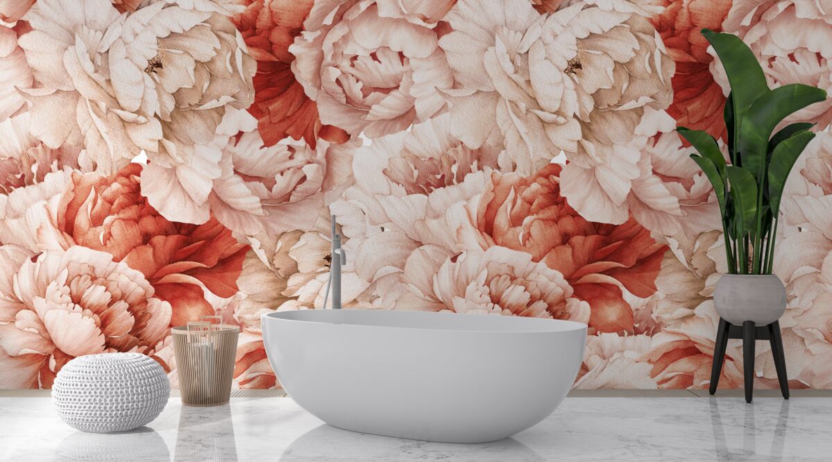 Fototapeta kompozycja delikatnych białych i czerwonych piwonii