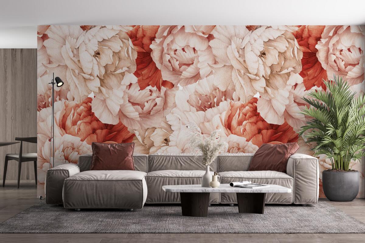 Fototapeta kompozycja delikatnych białych i czerwonych piwonii