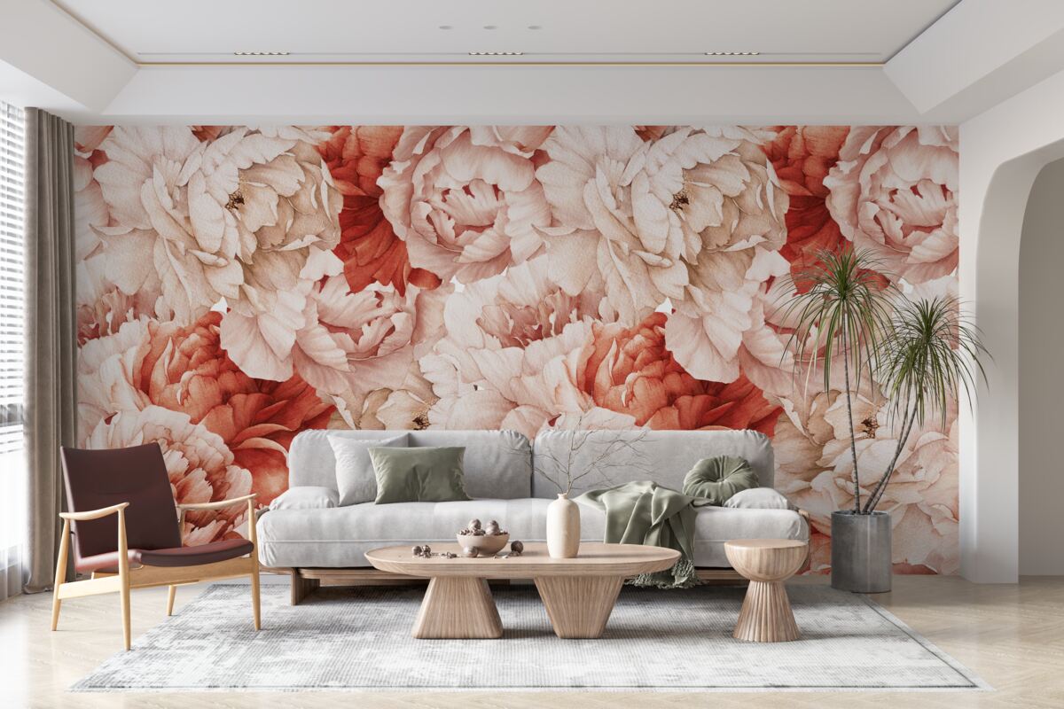 Fototapeta kompozycja delikatnych białych i czerwonych piwonii