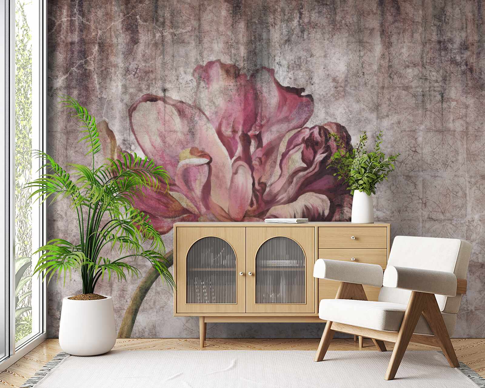 Fototapeta samotny szkarłatny kwiat podczas ulewy