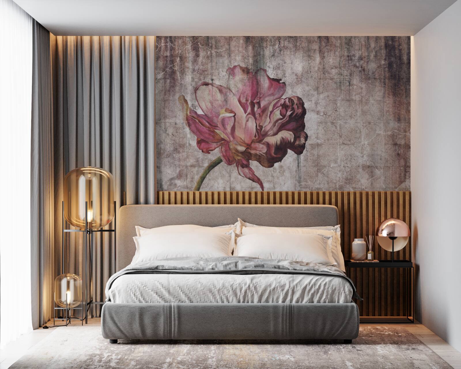 Fototapeta samotny szkarłatny kwiat podczas ulewy