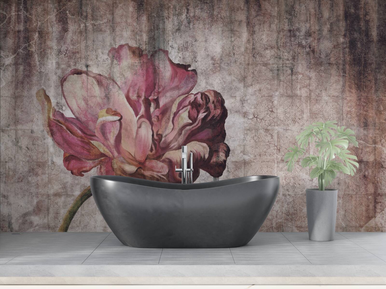 Fototapeta samotny szkarłatny kwiat podczas ulewy