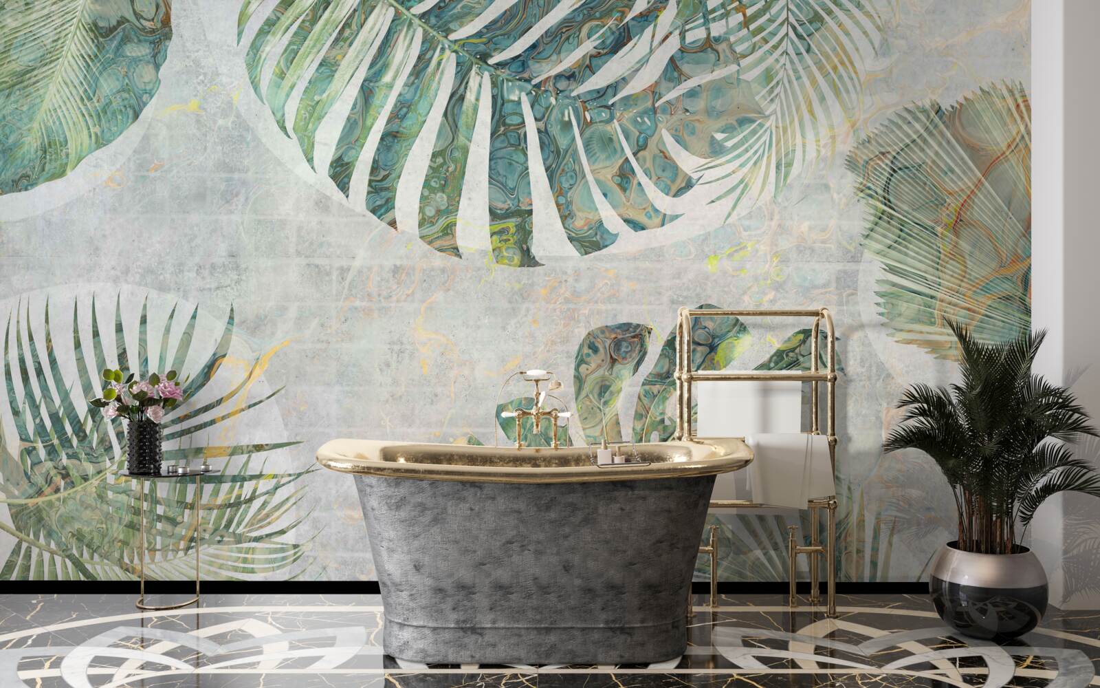 Fototapeta duże liście palm, monstera i paproci