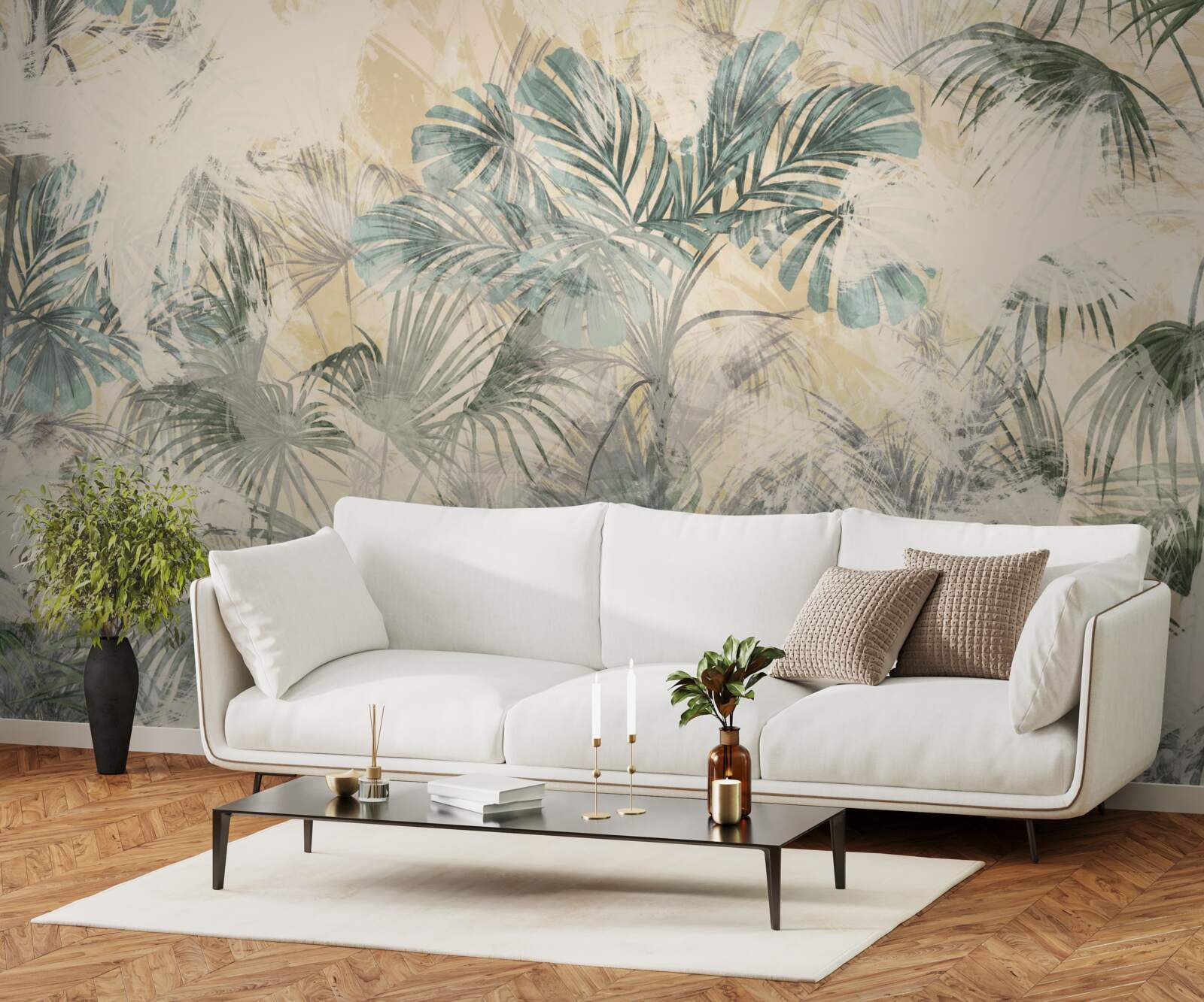 Fototapeta liście palmowe i monstera w kolorze zielonym