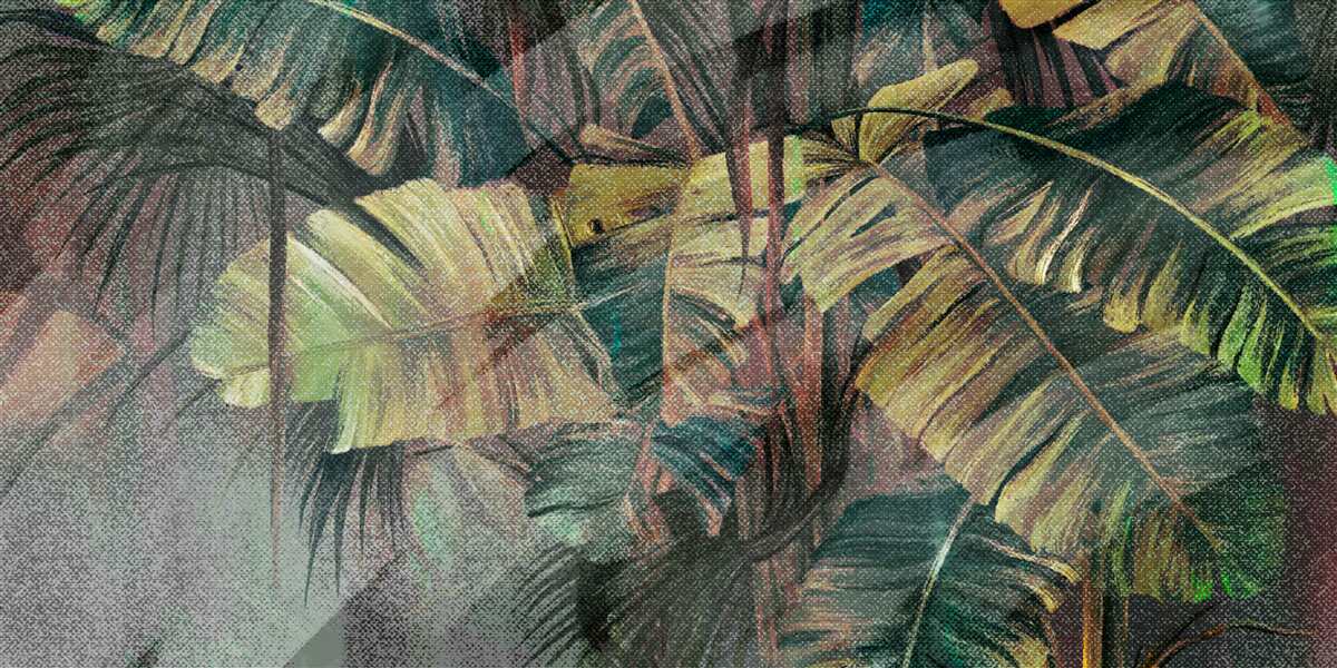 Fototapeta liście palmowe, gęste i bujne, w ulewnym deszczu