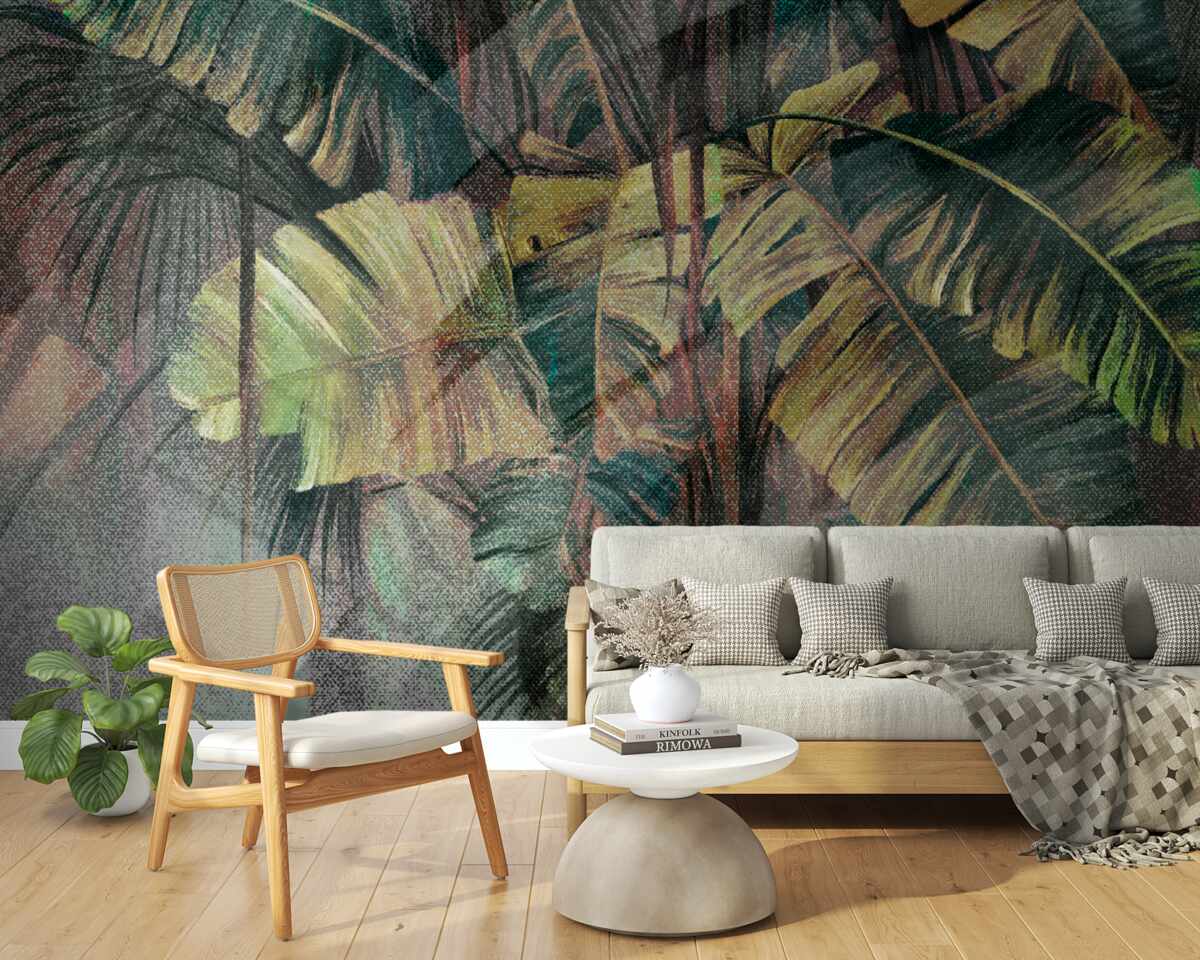 Fototapeta liście palmowe, gęste i bujne, w ulewnym deszczu