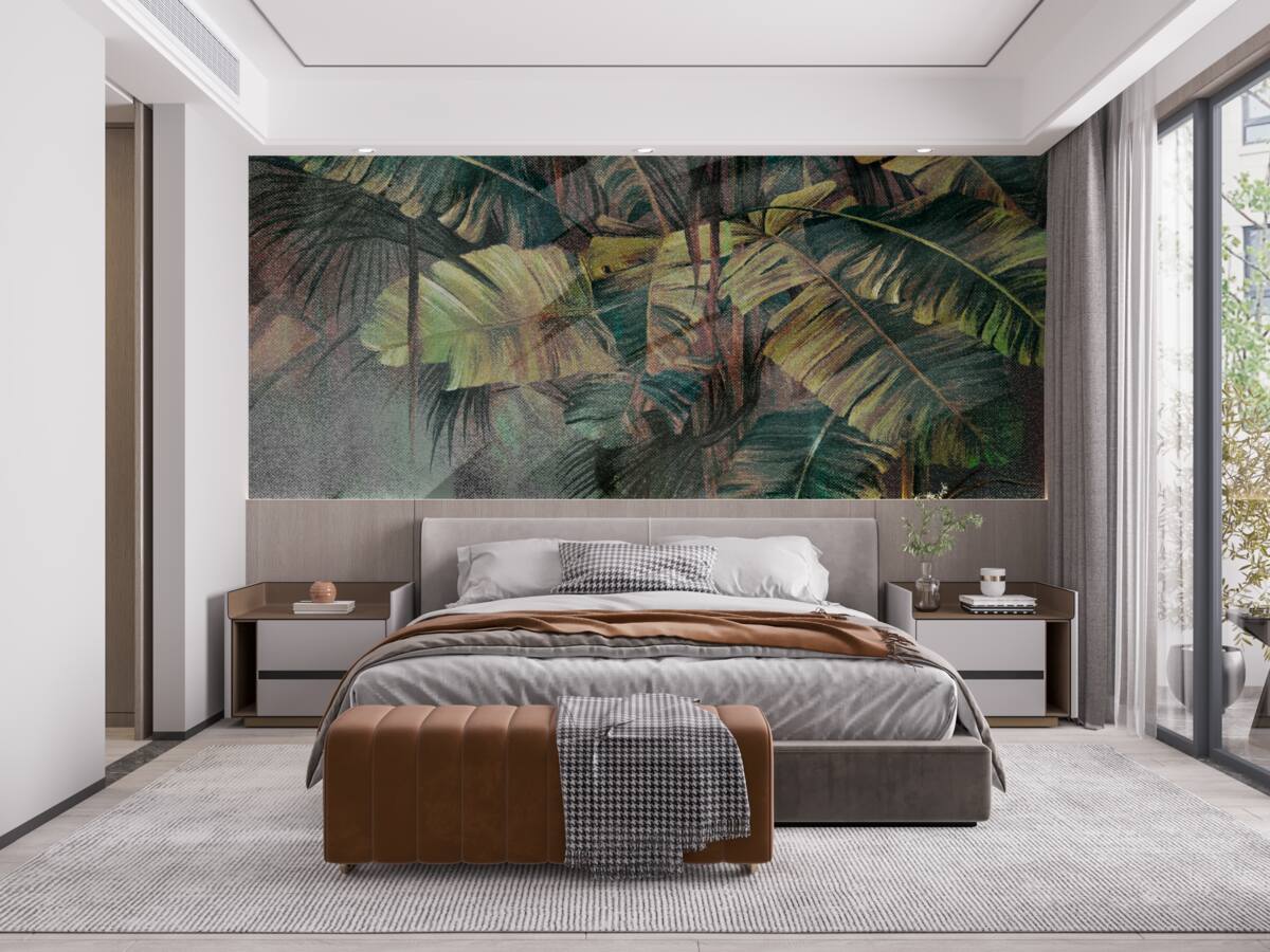 Fototapeta liście palmowe, gęste i bujne, w ulewnym deszczu