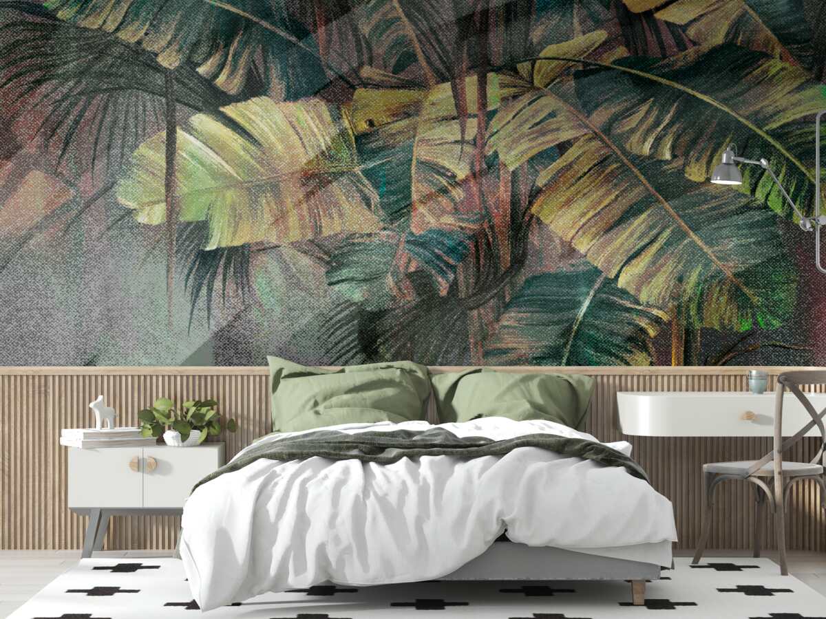 Fototapeta liście palmowe, gęste i bujne, w ulewnym deszczu