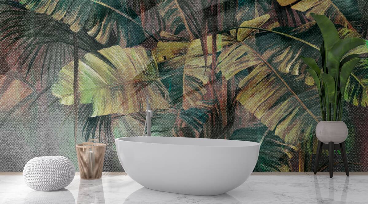 Fototapeta liście palmowe, gęste i bujne, w ulewnym deszczu