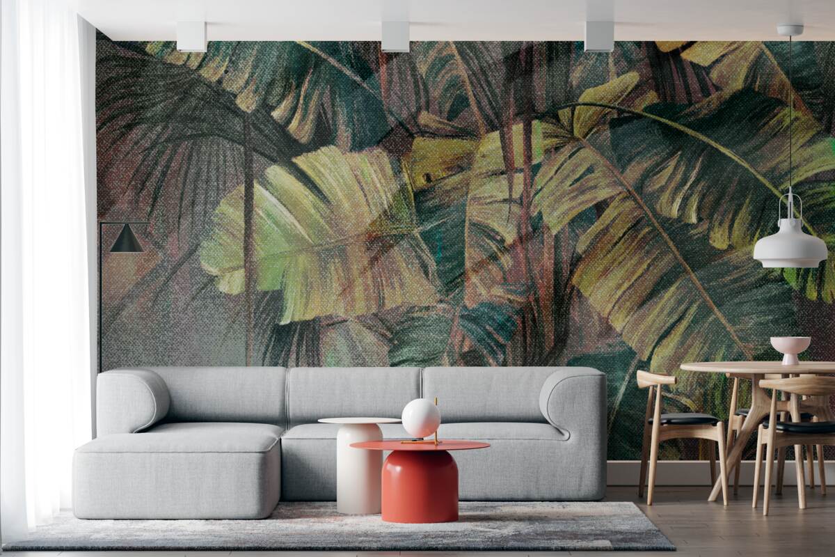 Fototapeta liście palmowe, gęste i bujne, w ulewnym deszczu