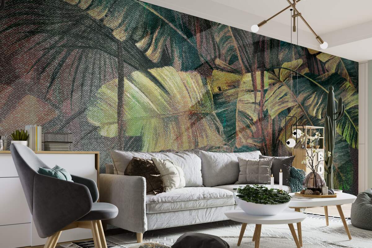 Fototapeta liście palmowe, gęste i bujne, w ulewnym deszczu