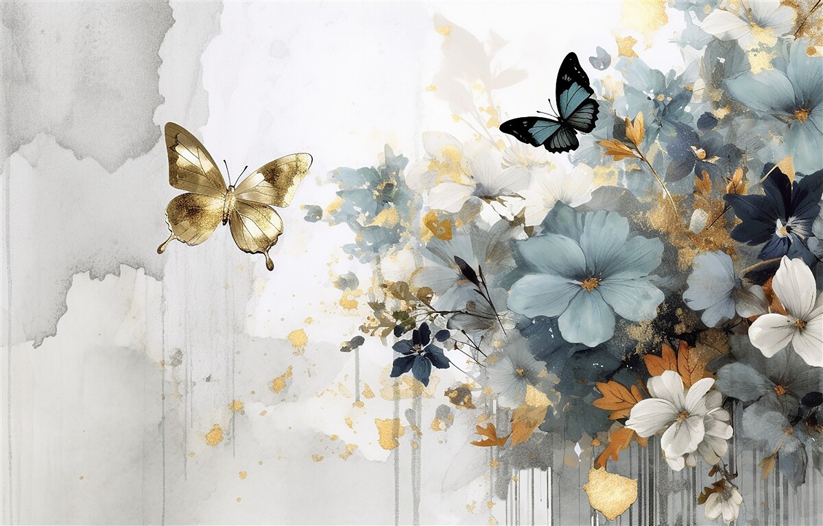 Fototapeta luksusowo rozwinięte pąki i opalizujące motyle