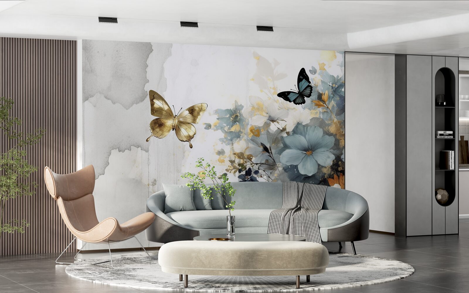 Fototapeta luksusowo rozwinięte pąki i opalizujące motyle