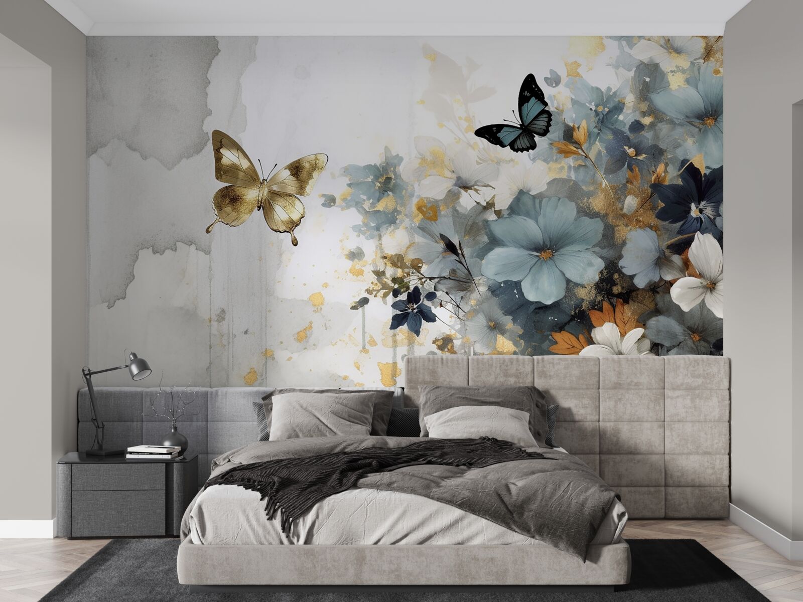 Fototapeta luksusowo rozwinięte pąki i opalizujące motyle