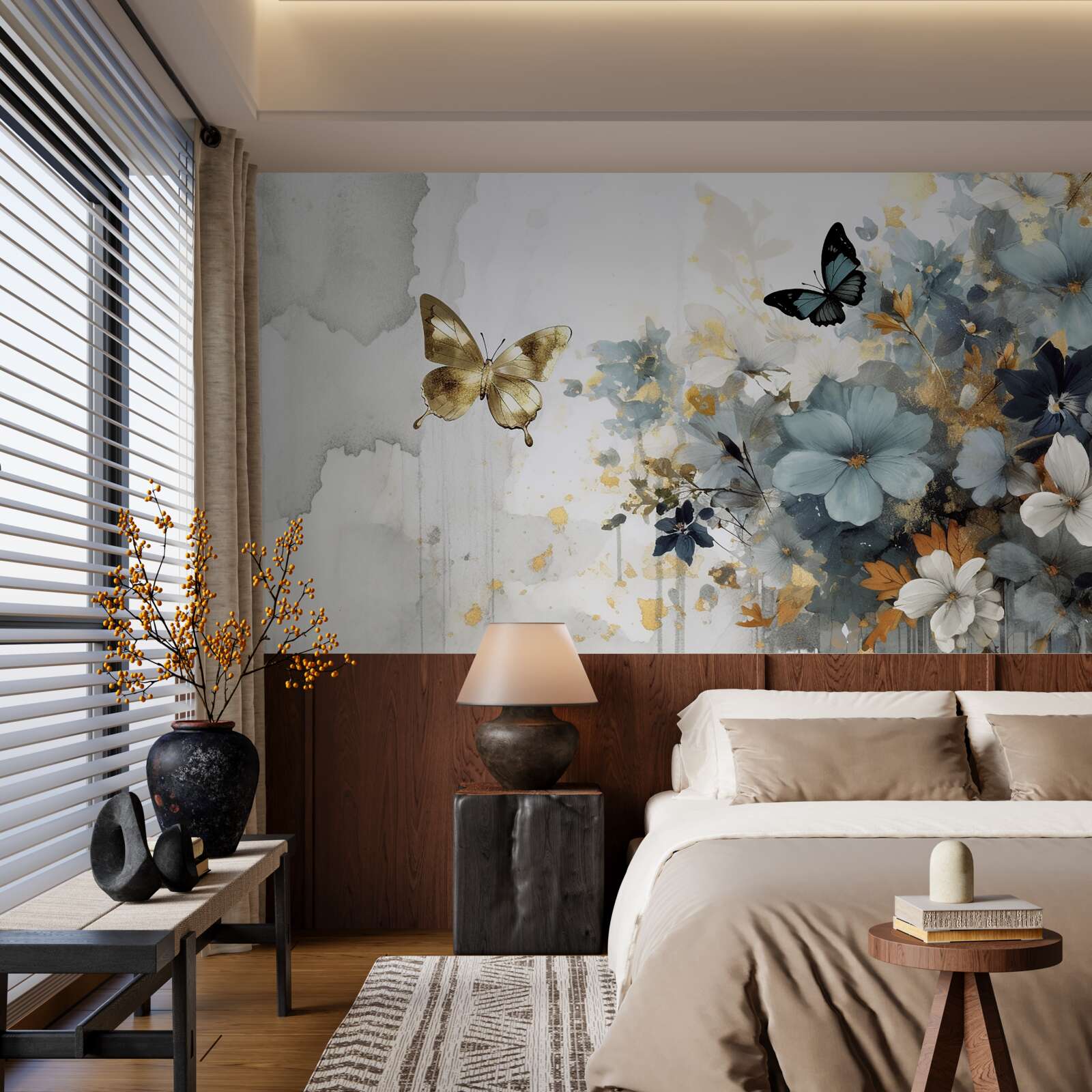 Fototapeta luksusowo rozwinięte pąki i opalizujące motyle