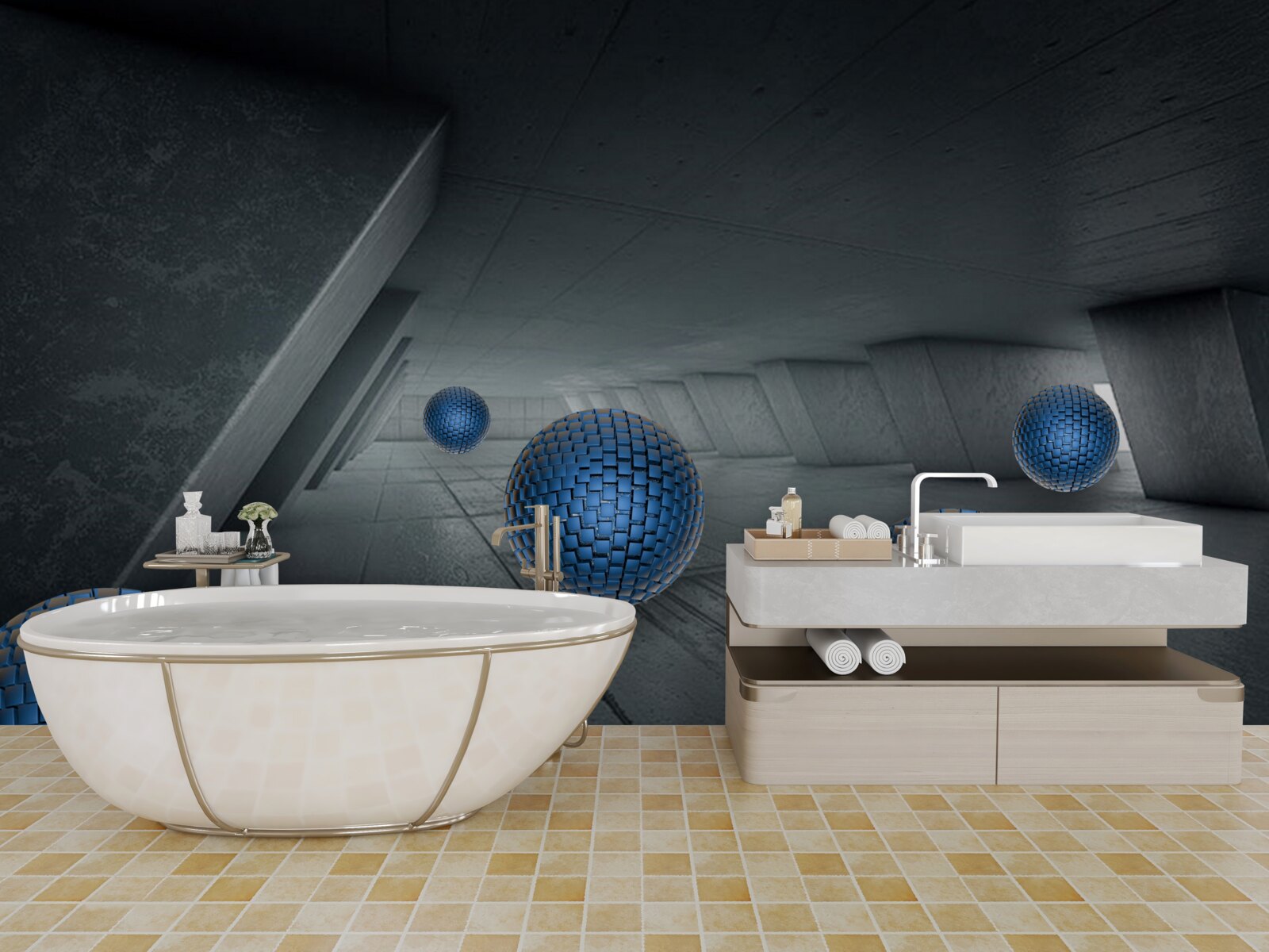 Fototapeta niekończące się szare przejście i niebieskie kule