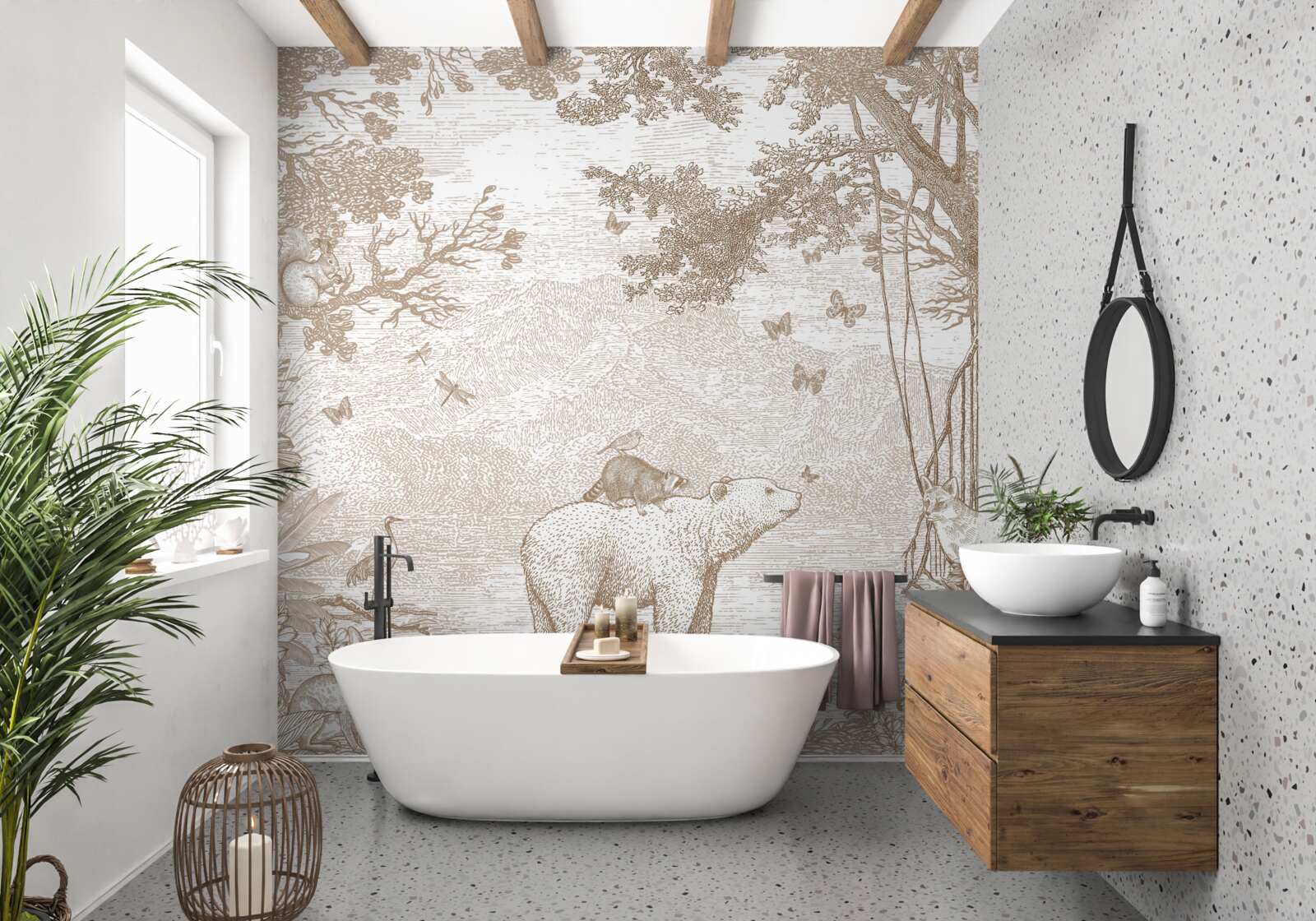 Fototapeta niedźwiedź idzie przez zaśnieżony las