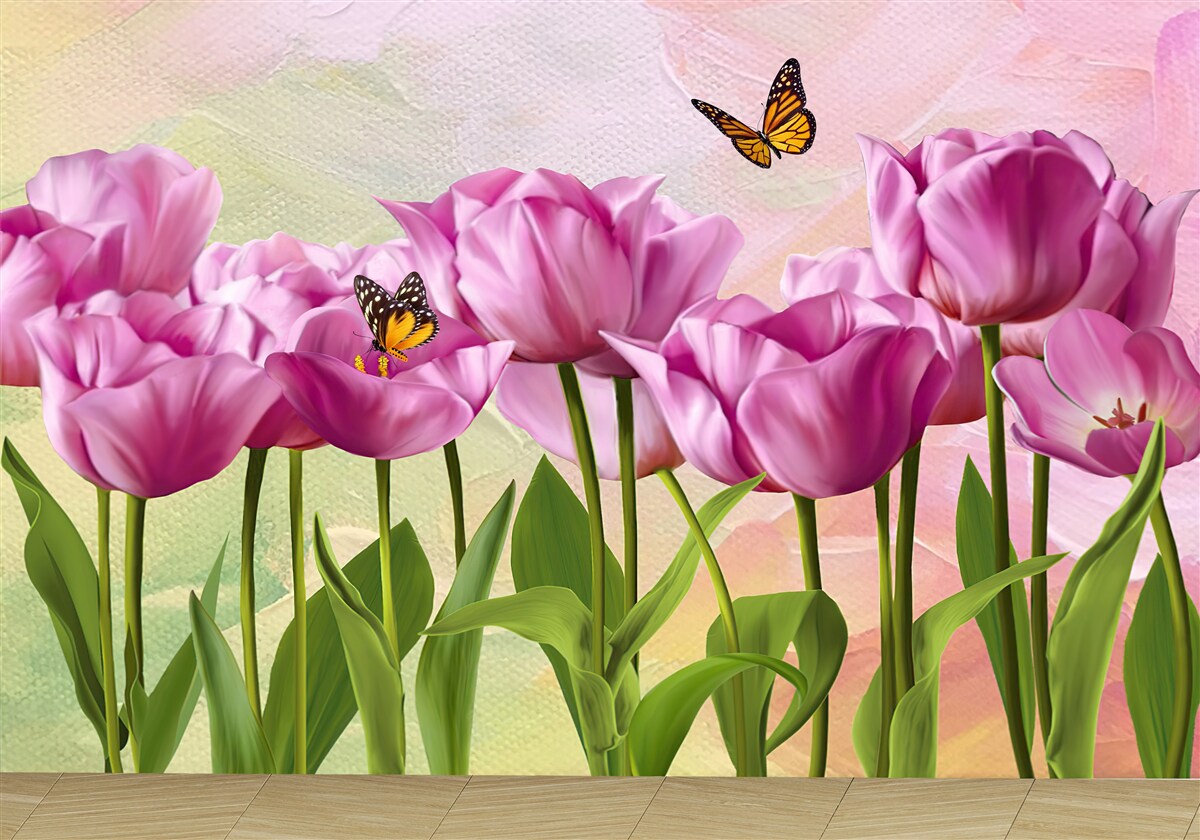 Fototapeta motyle i fioletowe tulipany na polu