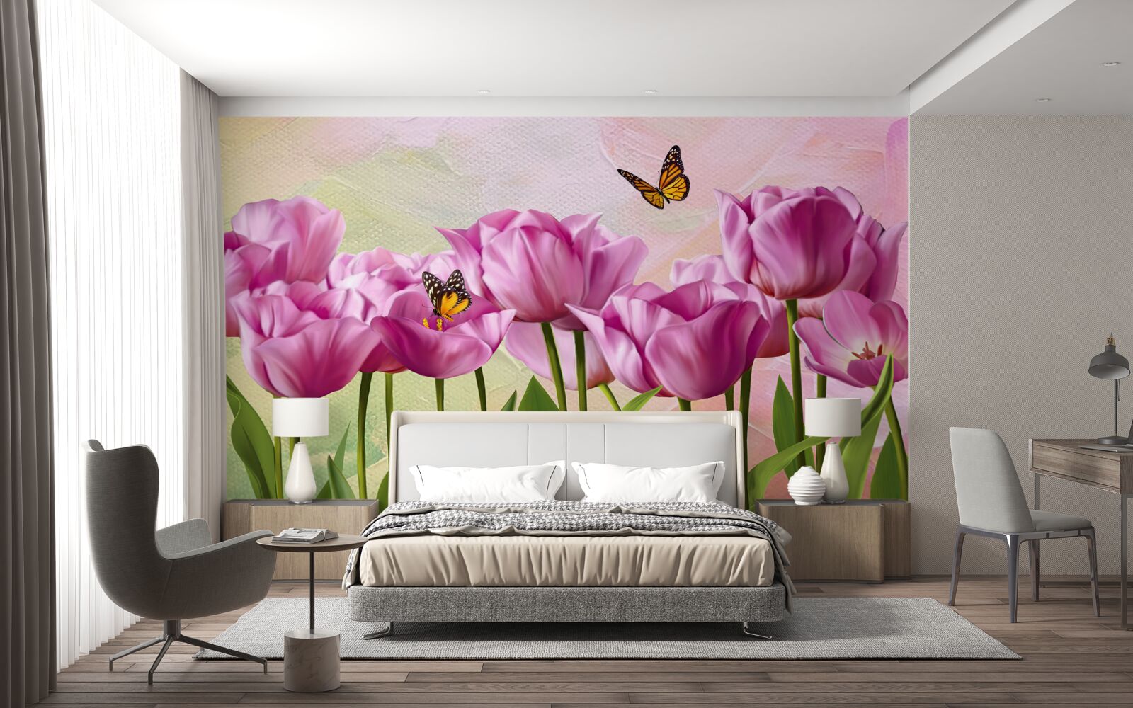 Fototapeta motyle i fioletowe tulipany na polu