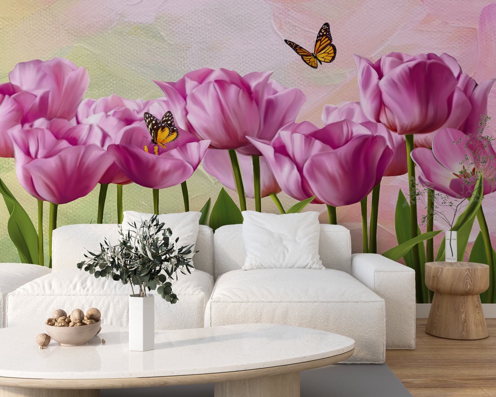 Fototapeta motyle i fioletowe tulipany na polu