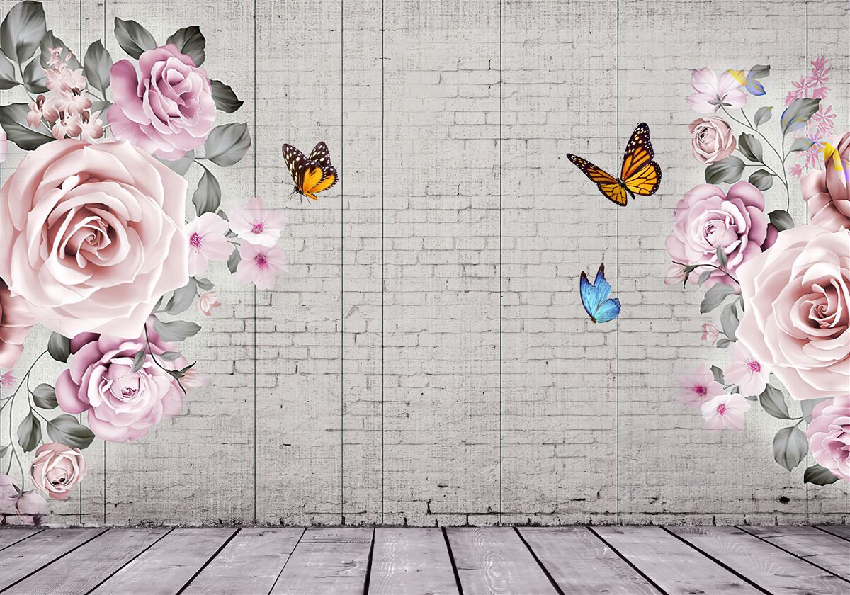Fototapeta wielokolorowe motyle i delikatnie kwitnące róże