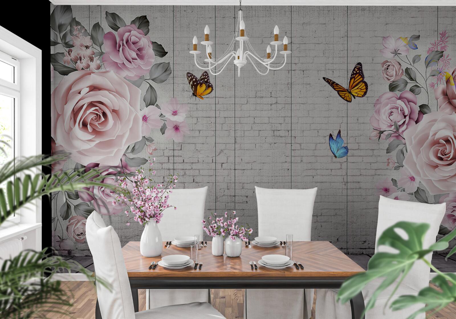 Fototapeta wielokolorowe motyle i delikatnie kwitnące róże