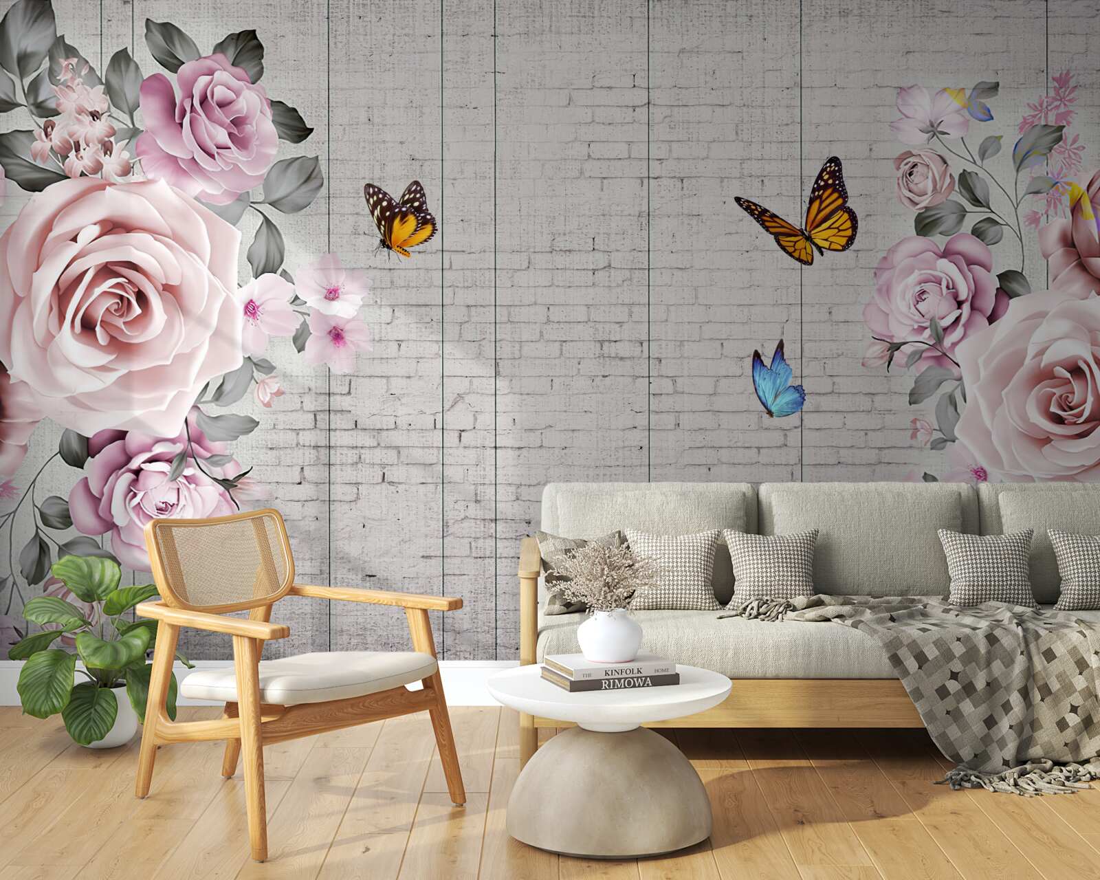 Fototapeta wielokolorowe motyle i delikatnie kwitnące róże