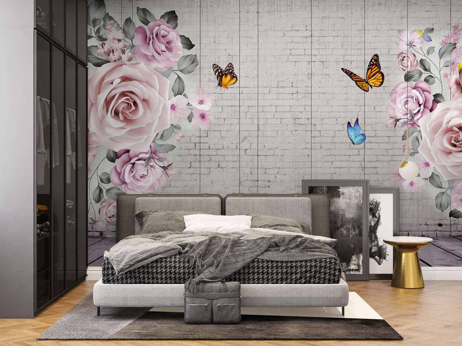 Fototapeta wielokolorowe motyle i delikatnie kwitnące róże