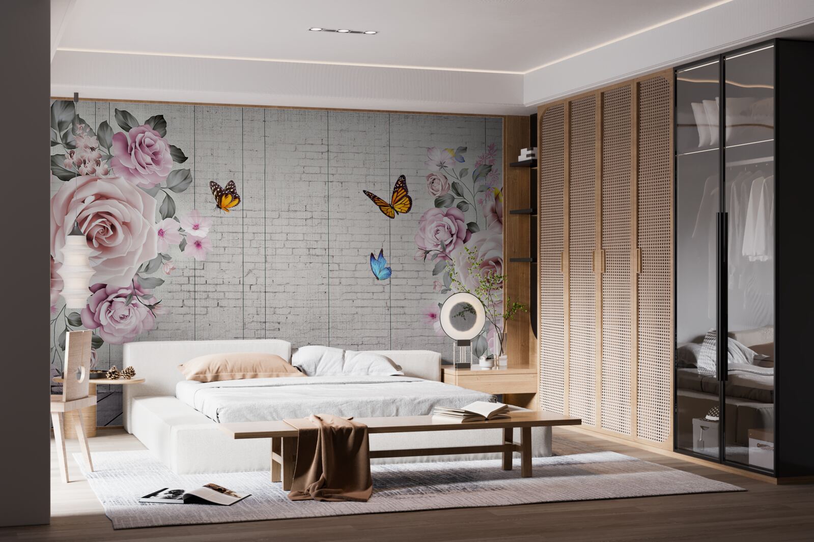 Fototapeta wielokolorowe motyle i delikatnie kwitnące róże