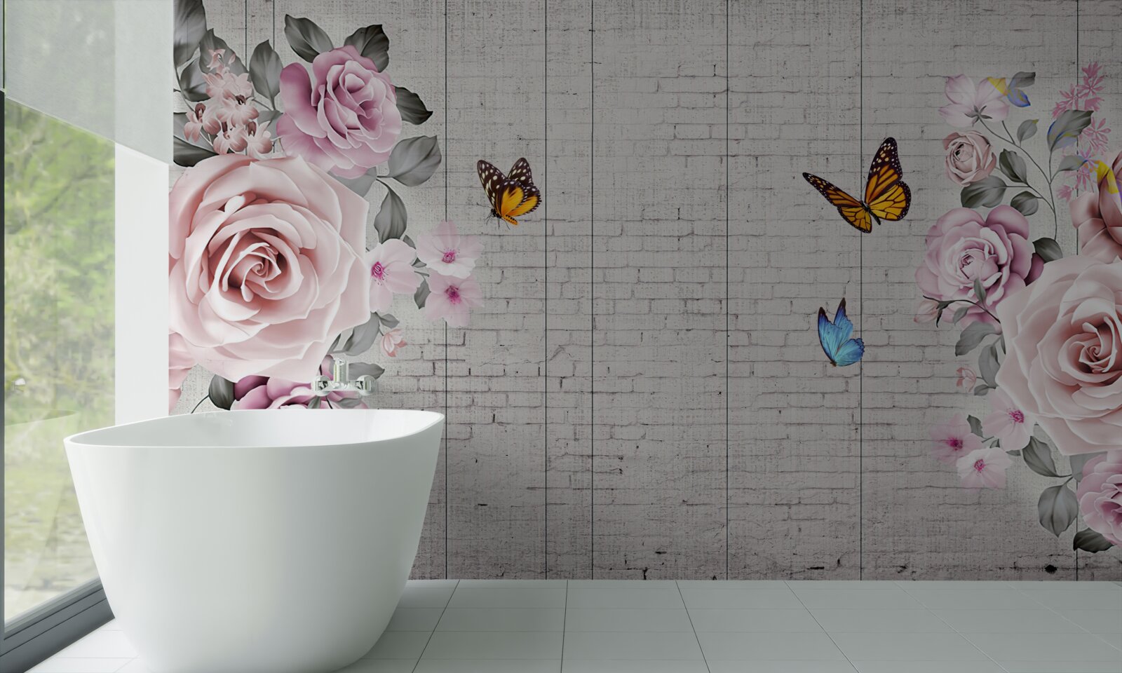 Fototapeta wielokolorowe motyle i delikatnie kwitnące róże