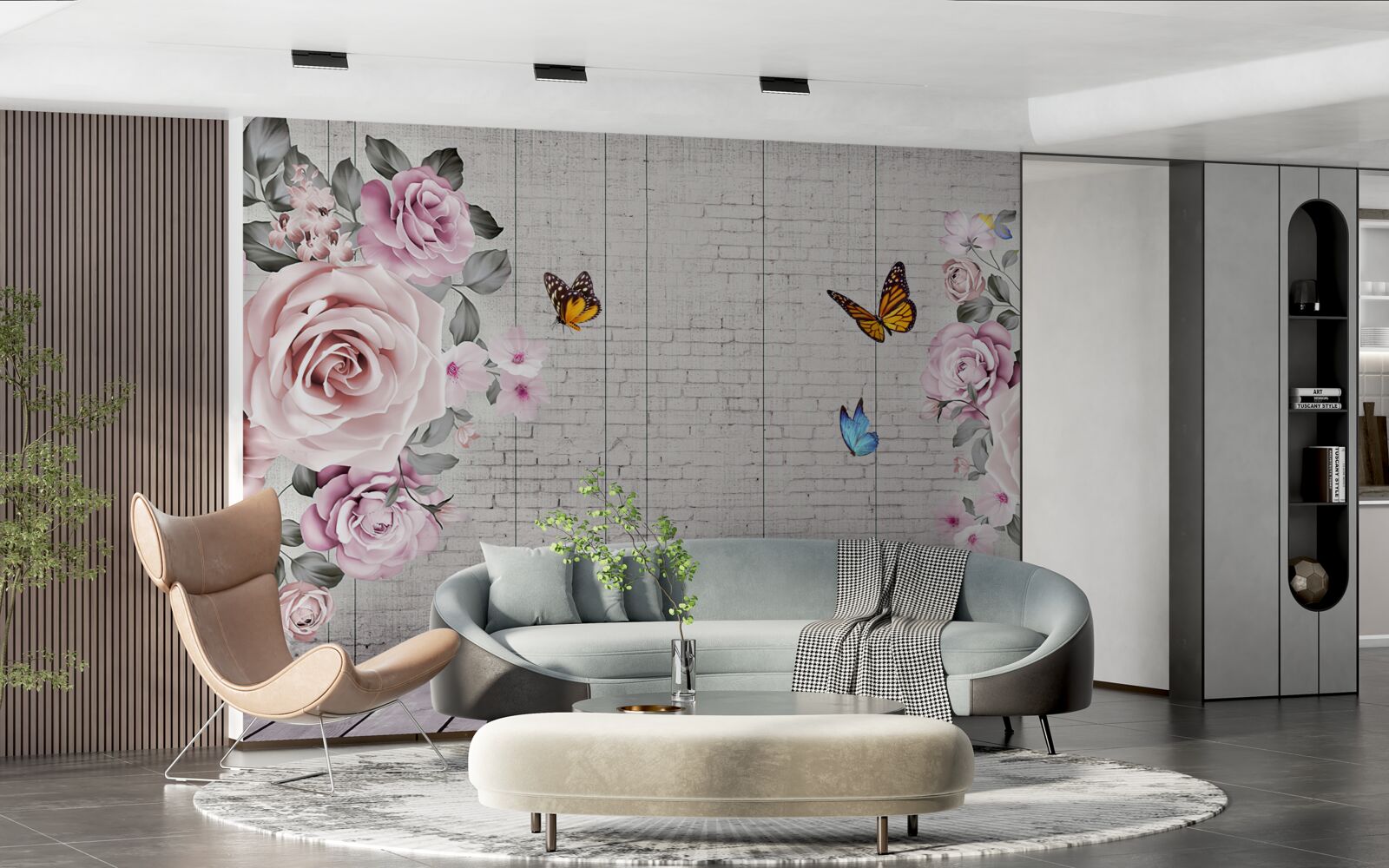 Fototapeta wielokolorowe motyle i delikatnie kwitnące róże