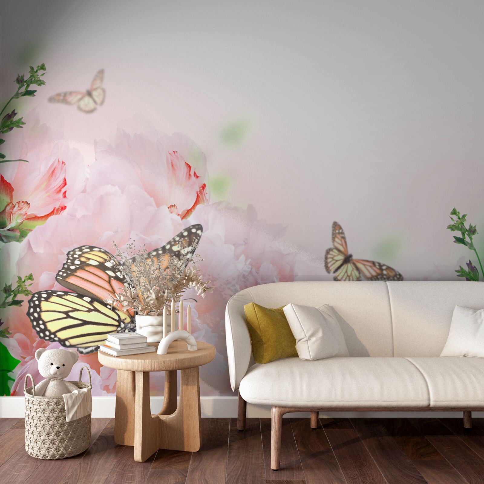 Fototapeta grupa motyli na tle wystroju letnich kwiatów