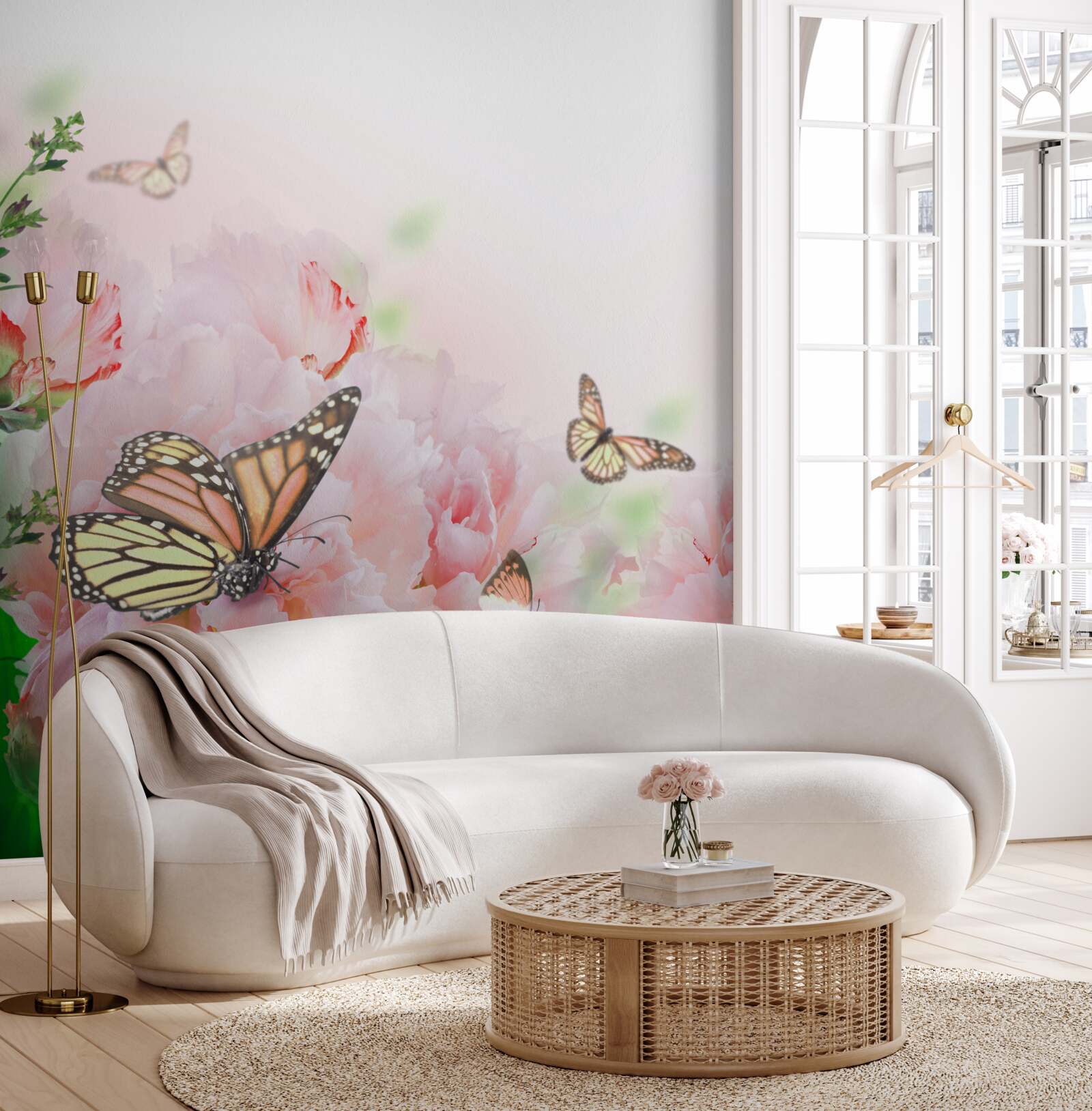 Fototapeta grupa motyli na tle wystroju letnich kwiatów