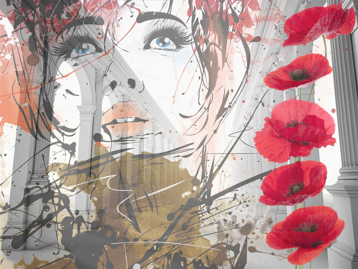 Fototapeta dziewczyna pozuje na tle łuku ozdobionego kwiatami maku