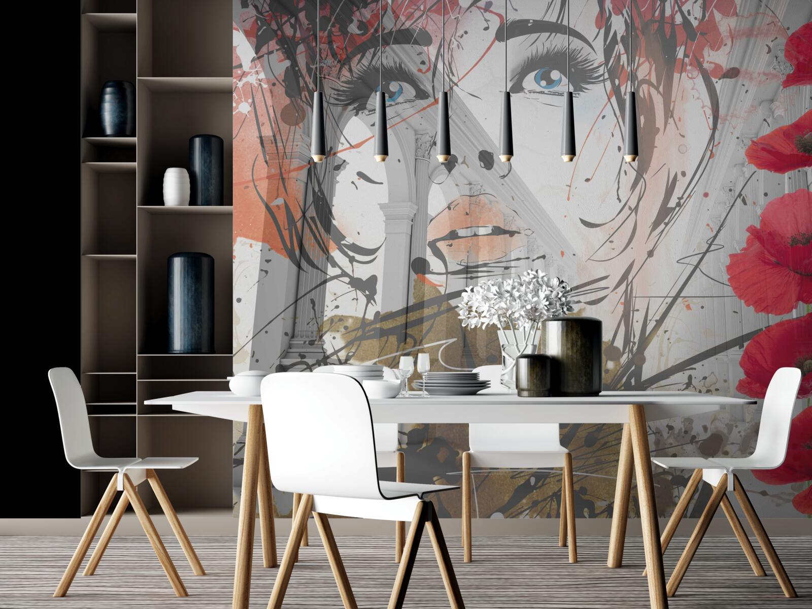 Fototapeta dziewczyna pozuje na tle łuku ozdobionego kwiatami maku