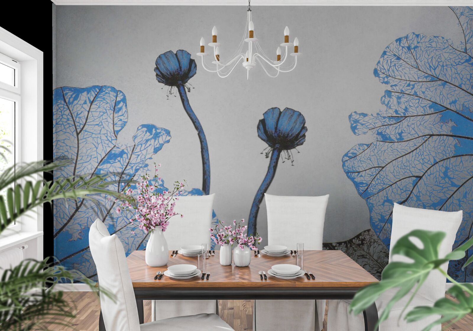 Fototapeta mgliste maki z niebieskimi pąkami