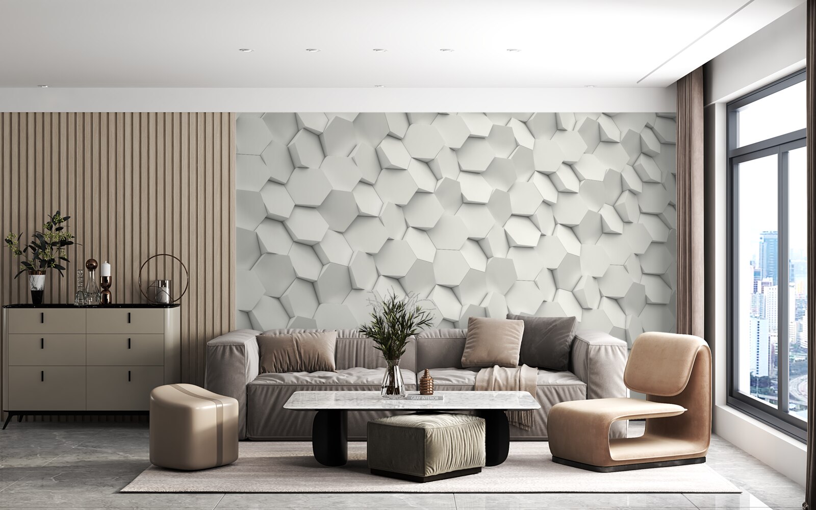 Fototapeta biało-szare sześciokąty z objętością