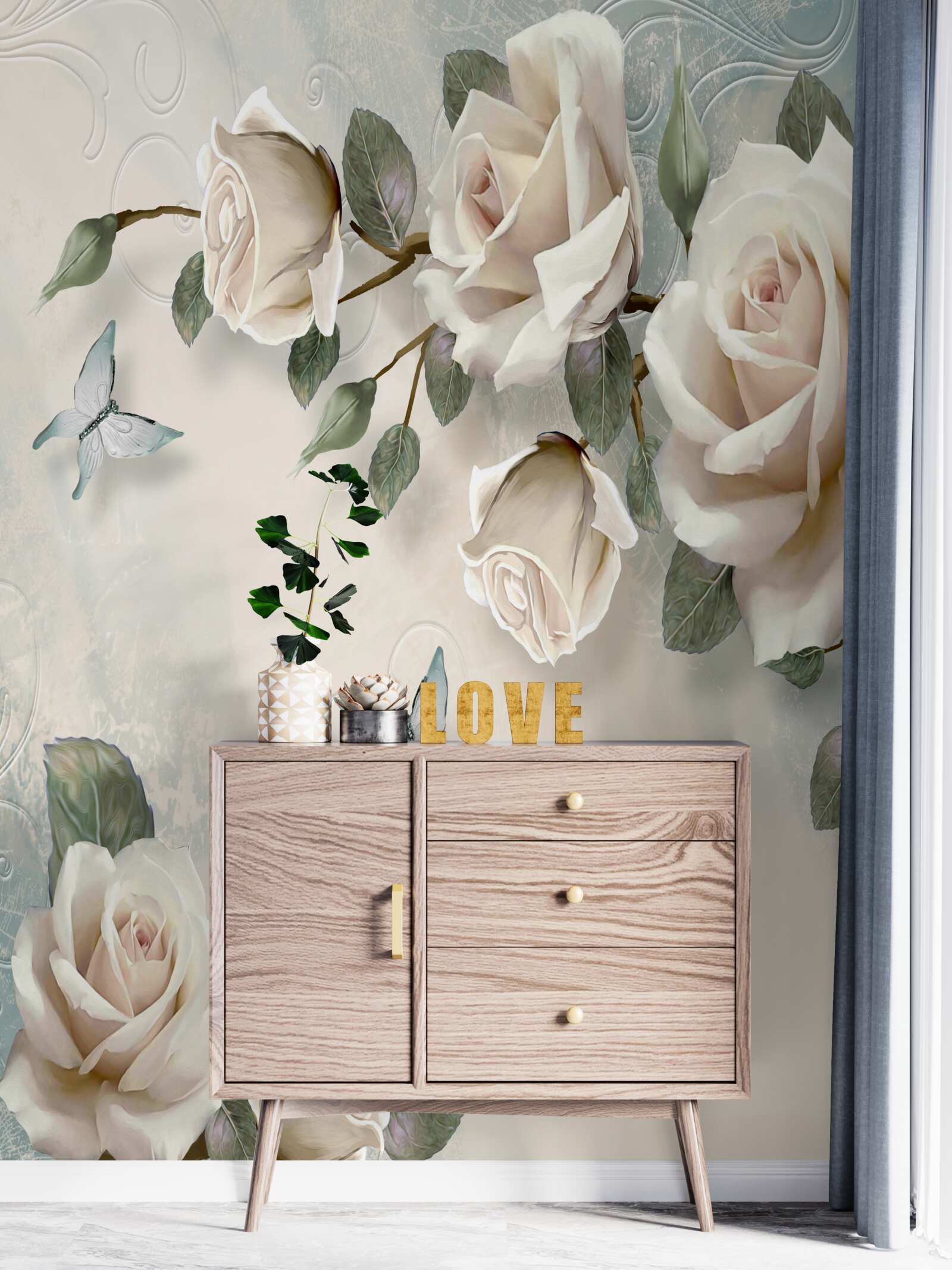 Fototapeta gałęzie dużego krzewu kremowych róż