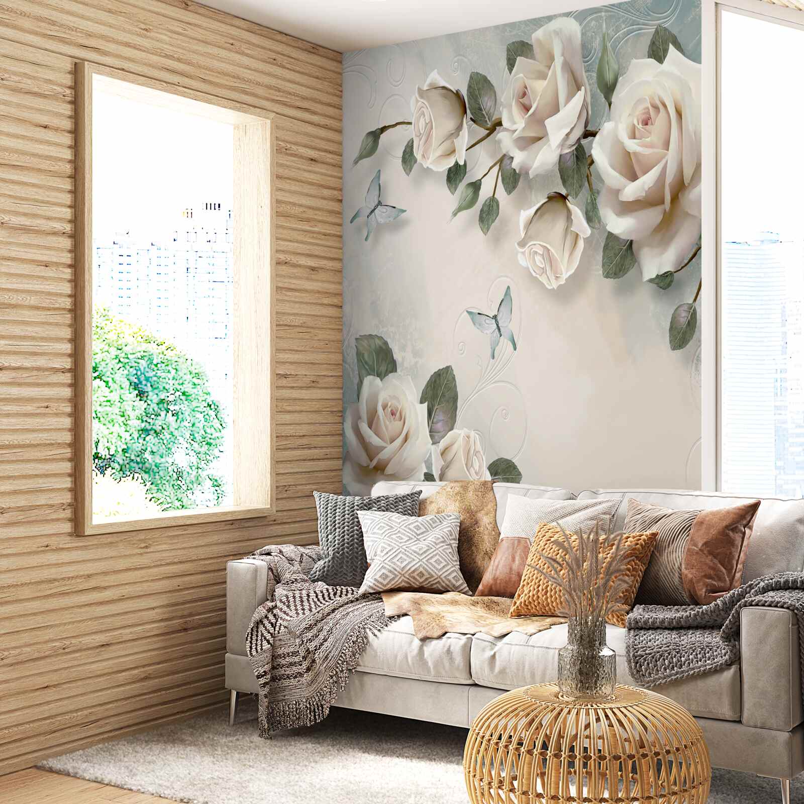 Fototapeta gałęzie dużego krzewu kremowych róż