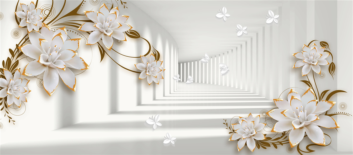 Fototapeta białe lotosy na abstrakcyjnym tle, ozdobione złotem