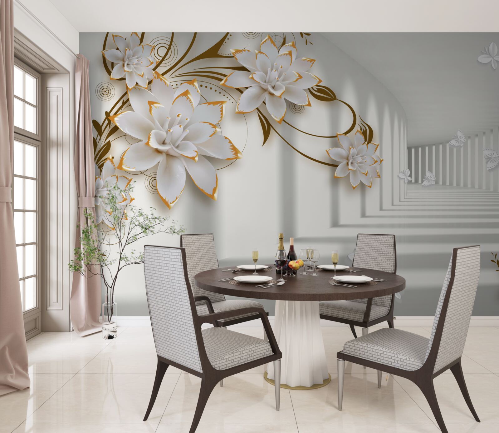 Fototapeta białe lotosy na abstrakcyjnym tle, ozdobione złotem